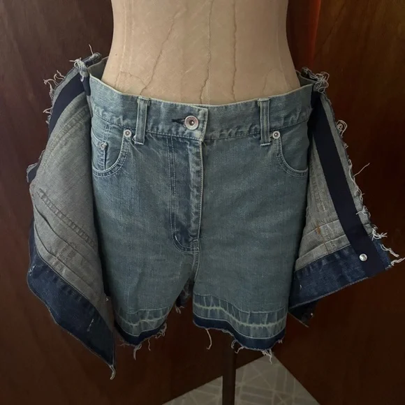 SACAI DENIM SHORTS sz 2 S-M Blue Jeans High Waist Skort Raw Hem - Picture 5 of 15